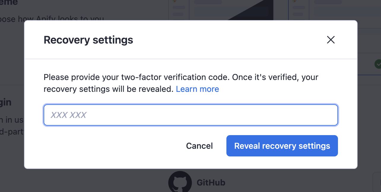 Apify Console recovery settings modal request